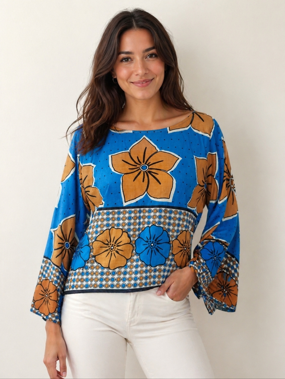 Ashro Turquoise White & Rust Cropped Cotton Blouse, Bell Sleeves, M